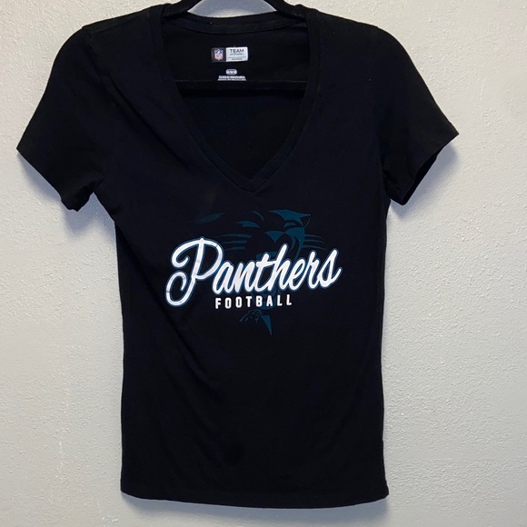 NFL Tops - Carolina Panthers Women’s Black V-Neck Game Day NFL Fan T-Shirt 3586